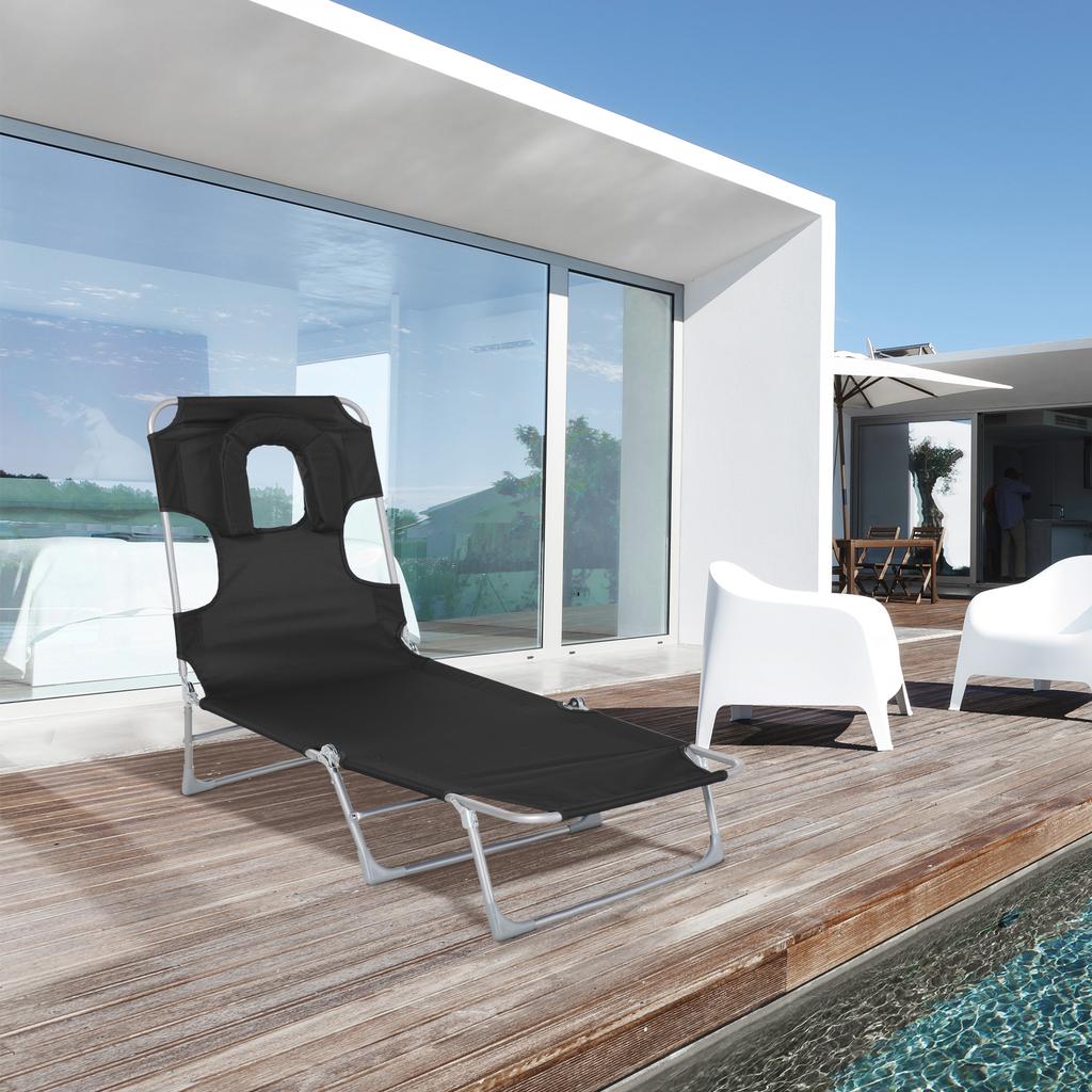 Reclining and Folding Garden Lounger with Reading Hole, Headrest and Backrest Adjustable In 5 Levels for Beach 182x56x28 Cm Black