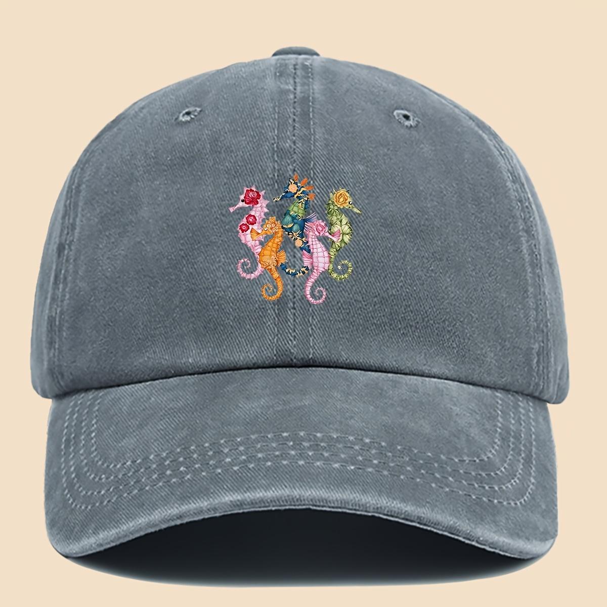 

1pcVibrant Seahorse Floral Print Washed Baseball Cap Urban Casual Unisex Soft Top Sport Hat Breathable Lightweight One Size