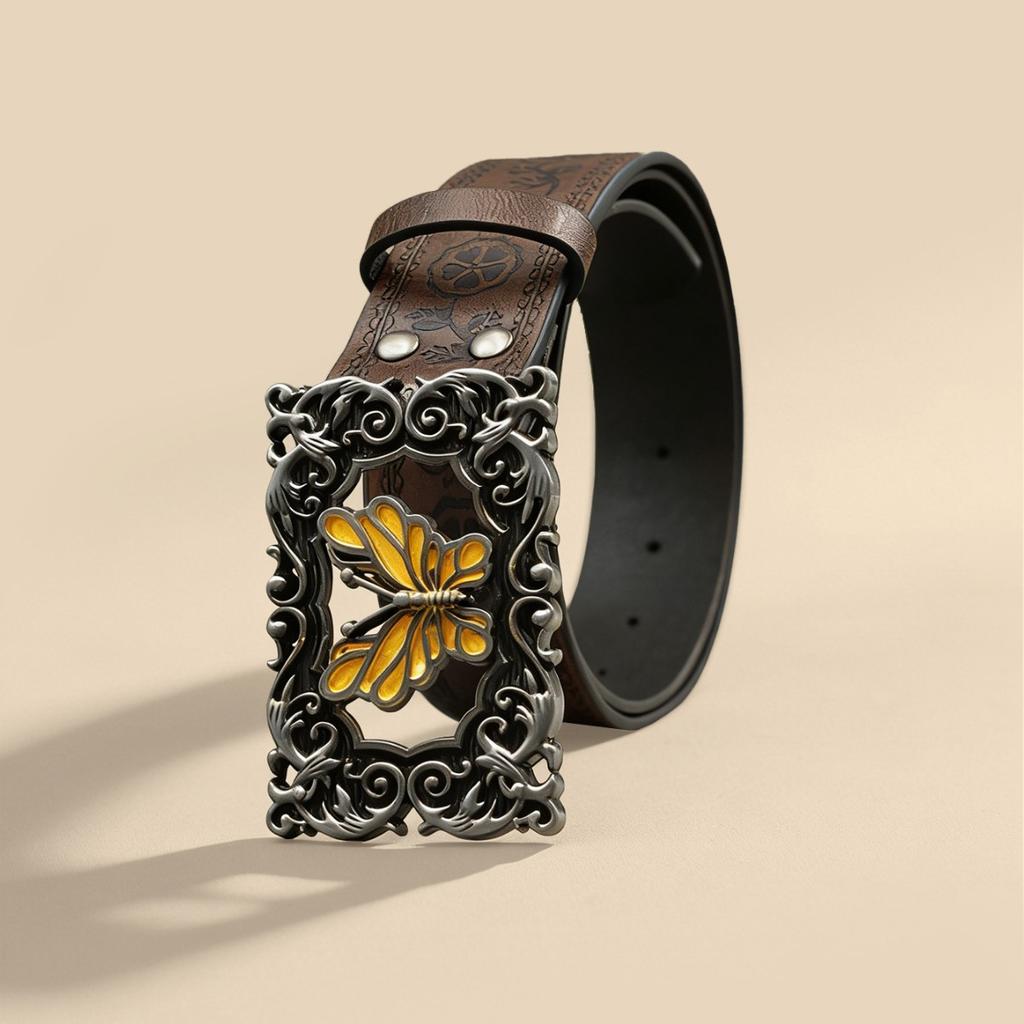 Retro hollow yellow butterfly buckle wide belt, flower embossed PU versatile denim belt wholesale