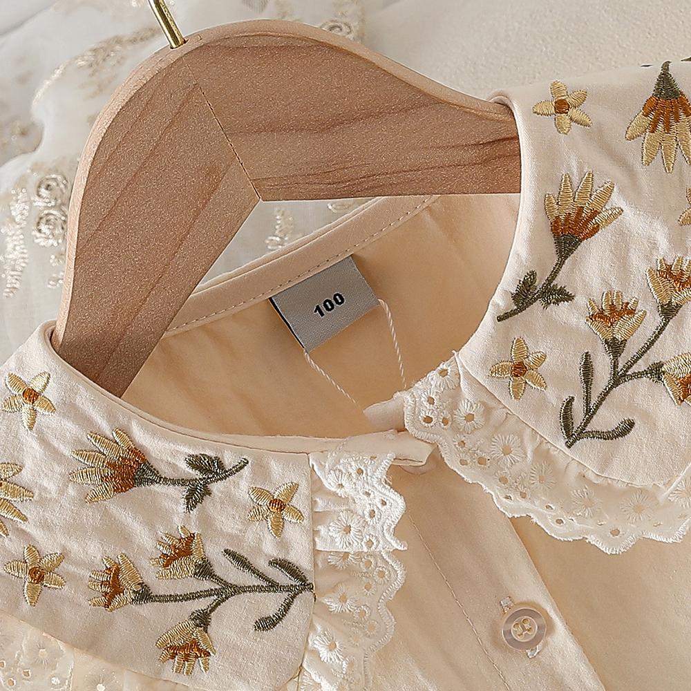 2-8Y Girls 100% Cotton Shirt Floral Embroidery Lace Lapel Puff Long Sleeve Button Down Soft Breathable Children Daily Tops