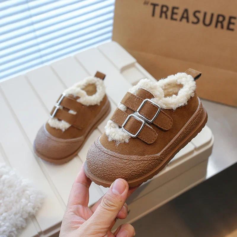 Kids Winter Shoes Plush Thicken Warm Girls Boots Retro Suede Low Top Cotton Shoes Soft Anti Slip Snow Boots Flat Casual Shoe
