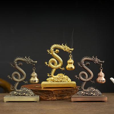 Chinese Feng Shui Golden Dragon Incense Burners with Hulu Fragrance Plate Auspicious Animal Statue Home Office Meditation Decor