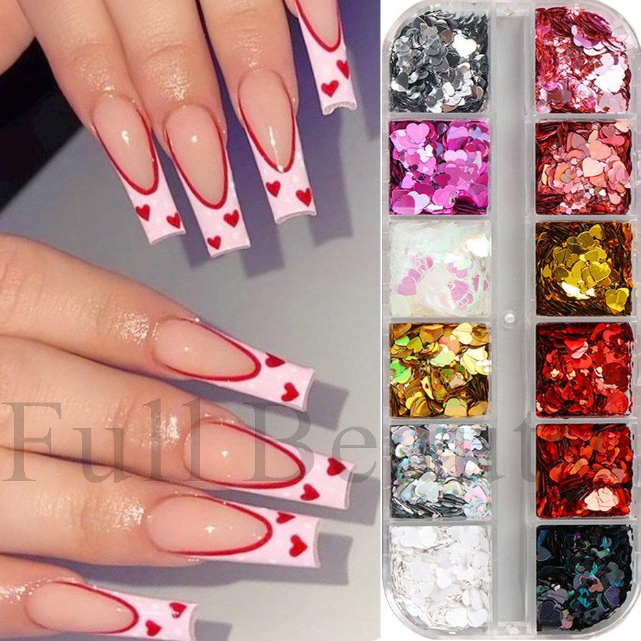 Nail Sequins 12 Boxes Mixed Sizes Love Sequins Romantic Valentine's Day Nail Sequins