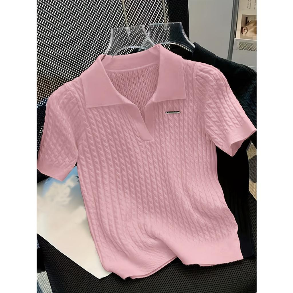 Tricou cu mâneci scurte cu mâneci scurte, cu rever, cu rever, din mătase de gheață