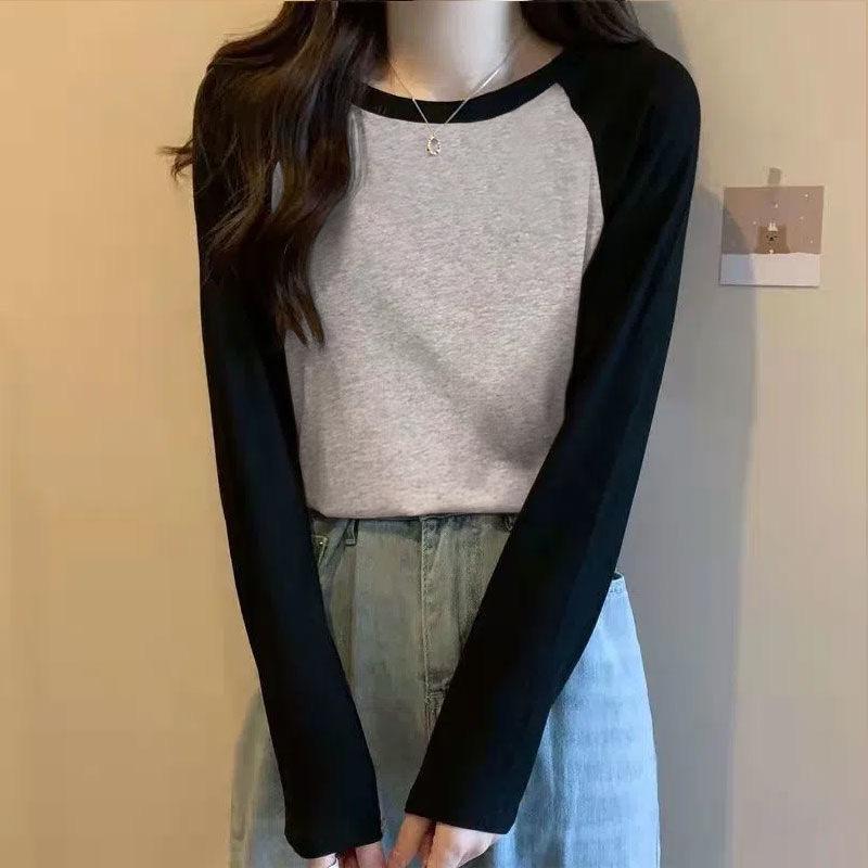 

Женская футболка из чистого хлопка с длинным рукавом и круглым вырезом, свободного кроя, универсальная мода в корейском стиле, базовый слой для весны/осени. XXL серый