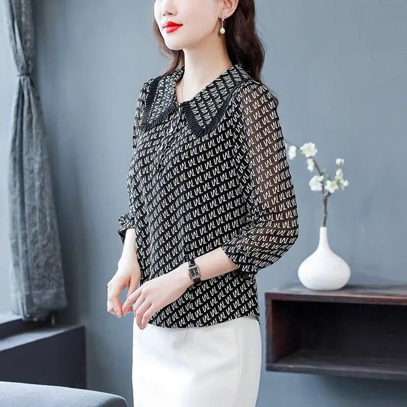 Mom's Fashionable 3/4 Sleeve Blouse Doll Collar Chiffon Shirt Women's Spring Autumn New Bottoming Top M-4XL