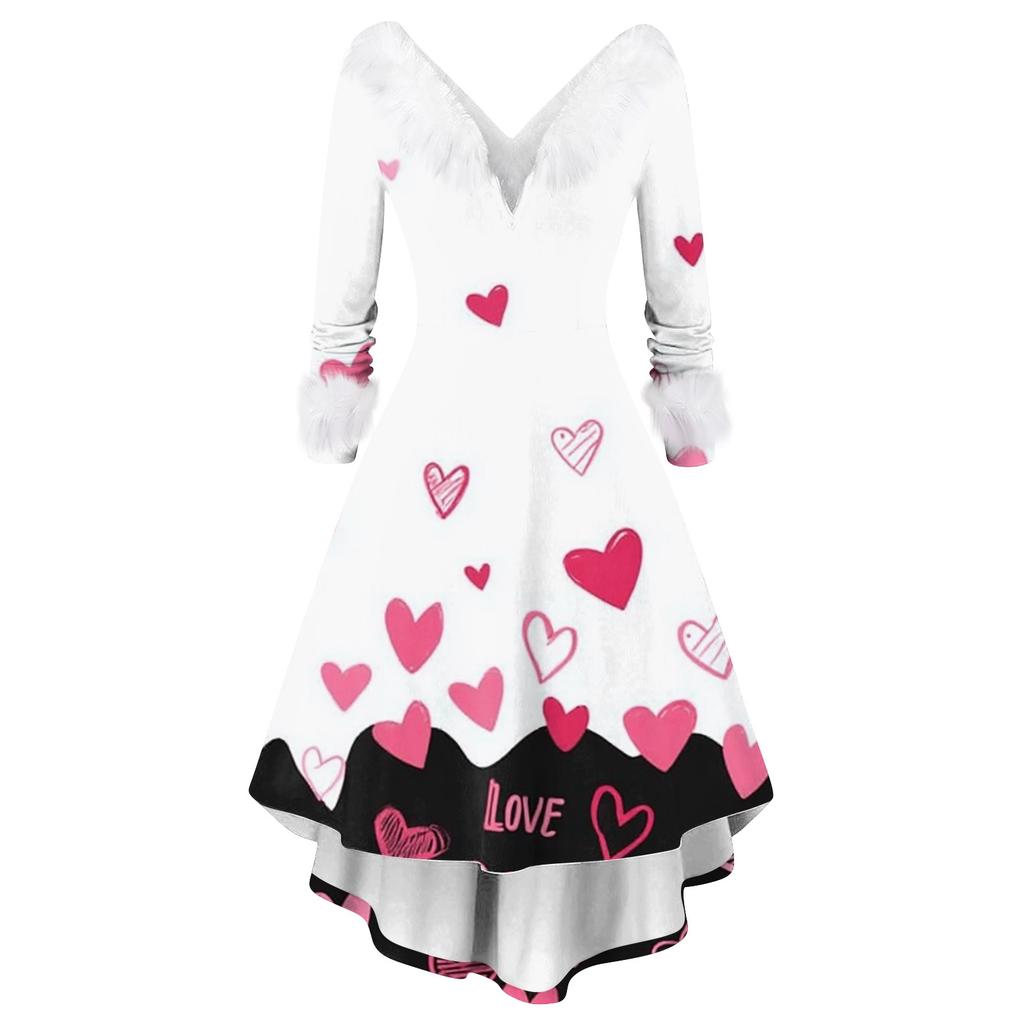 Damen stilvolles und elegantes langärmeliges V-Ausschnitt Kleid mit Valentinstags-Herzprint
