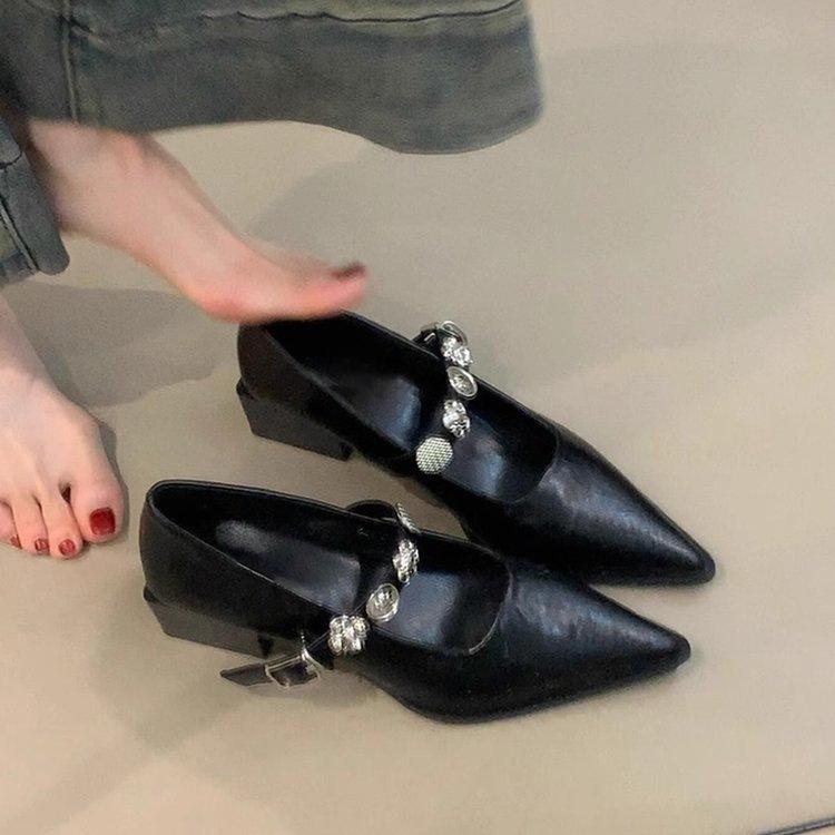 French New White Thick Heel Mary Jane Spring with Skirt Word with Pointed Temperament Single Shoes Tide