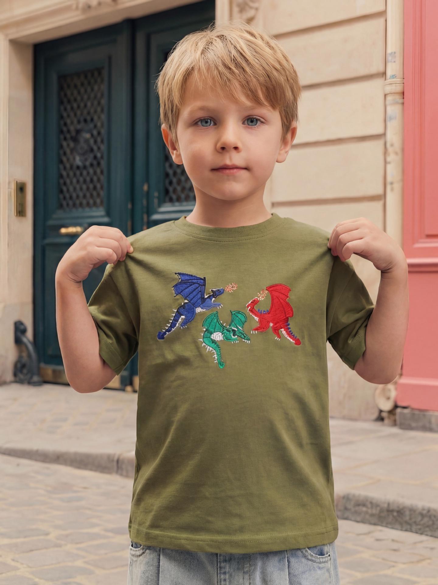 

Summer Boys Dinosaur Embroidery T-Shirt - Short-Sleeve, European & American Style, Round Neck Sports Tee for Toddlers & Kids 90cm (2-3Y) оливковое зеленый