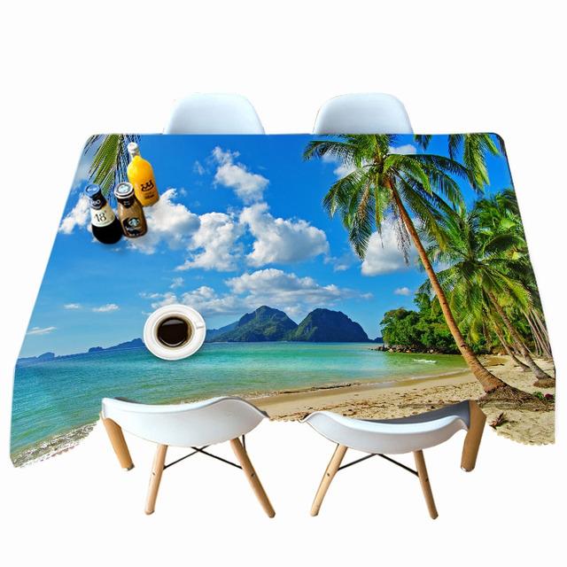 Beach Waves Pattern Coconut Tree Tablecloth Dustproof Thicken Cotton Rectangular Round Table Cloth For Wedding Picnic Party