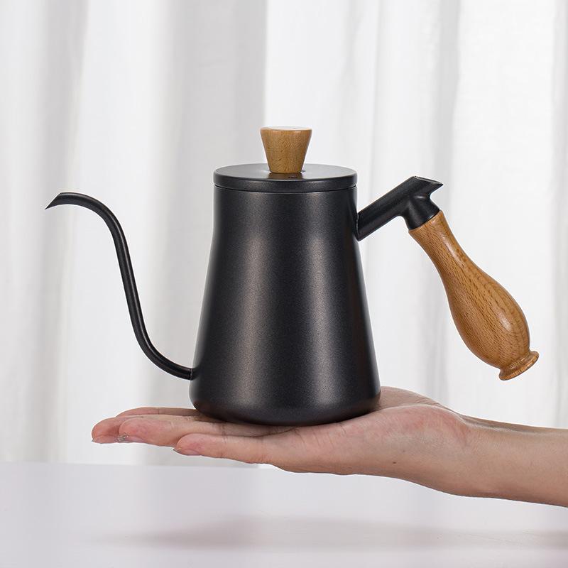 Utensílio de cafeteira artesanal 304 aço inoxidável boca longa pequena madeira maciça cabo anti escaldante chaleira com injeção de água
