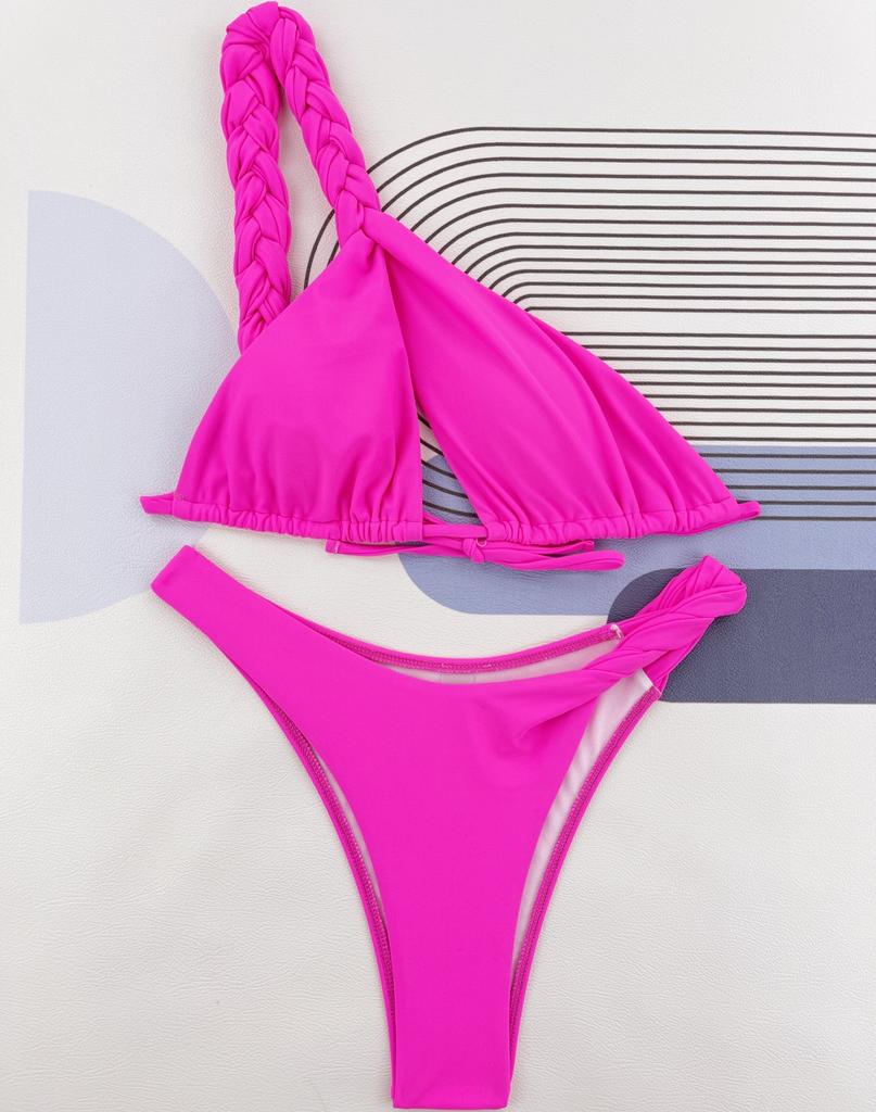 Damski strój kąpielowy w jednolitym kolorze, tkane paski, wycięcie, wysoka talia, seksowne bikini, kostiumy kąpielowe