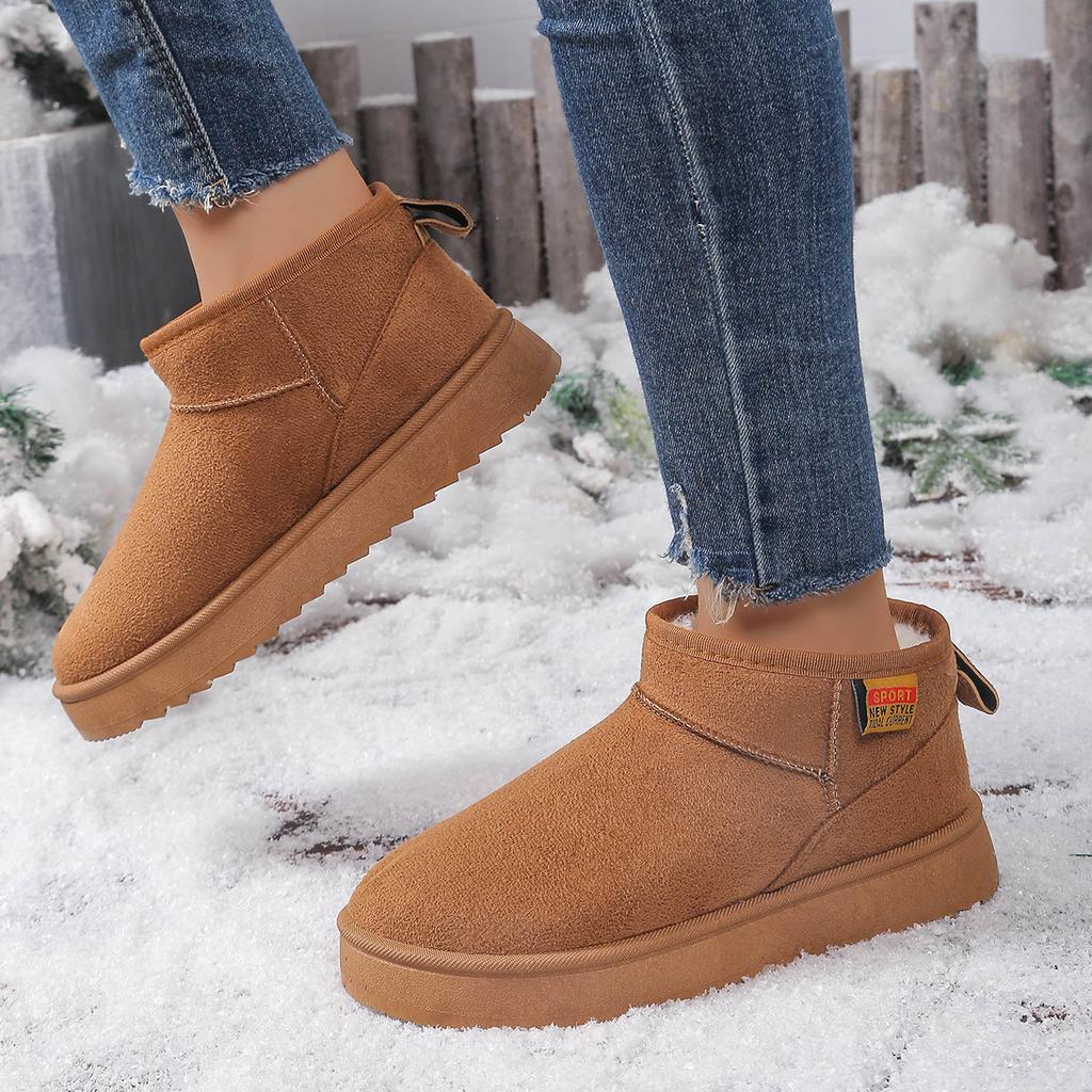Fashion Women's Solid Color Thick Plush Snow Boots Comfortable Flat Ankle Boots Woman Winter Casual Slip On Flat Cotton Shoes