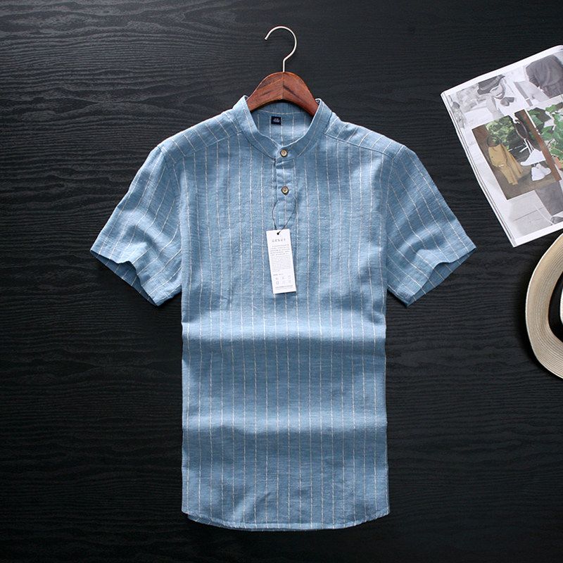 Export Tail Single Men s Cut Label Cattle Goods Stand Collar Linen Shirt Men s Summer Short Sleeve Thin Export Original Single Half Sleeve Shirt Blue 3XL