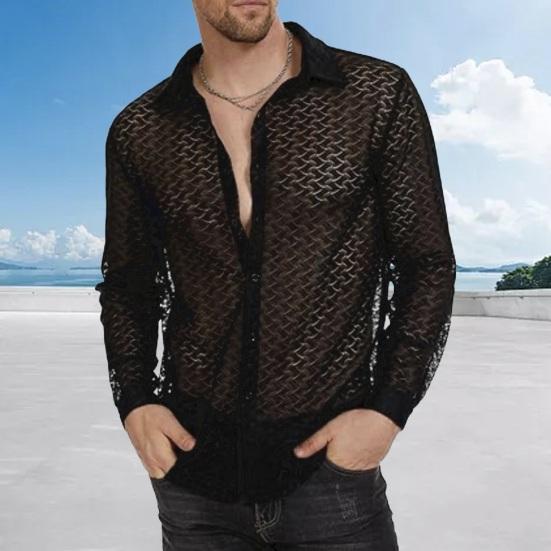 Summer Men Shirt See-through Mesh Lace Turn-down Collar Long Sleeves Single-breasted Mid Length Cardigan Vacation Beach Top