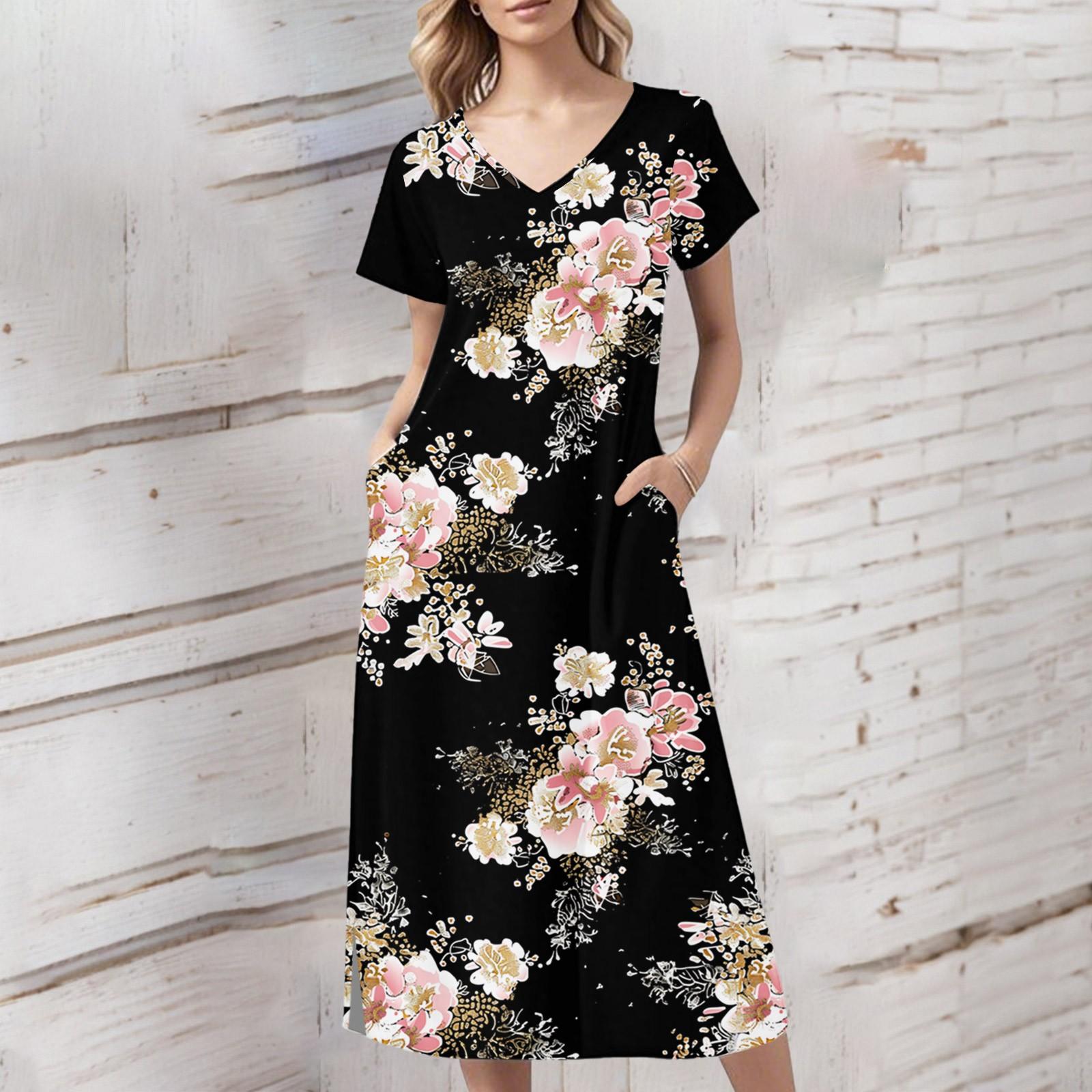 

Women s Summer Floral Print Dress Short Sleeve Beach Dress With Pockets Casual V-Neck Hem One Side Slit Dress L синій