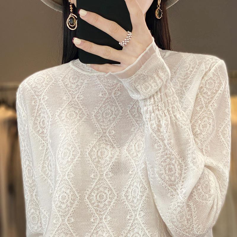 Women's Chiffon Knit Lace Long Sleeve Top with Half High Collar