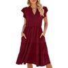 Spring Summer New Solid Color V-neck Loose Short Sleeve Waist-tucked Patchwork Dress for Amazon Cross-border Trade Women