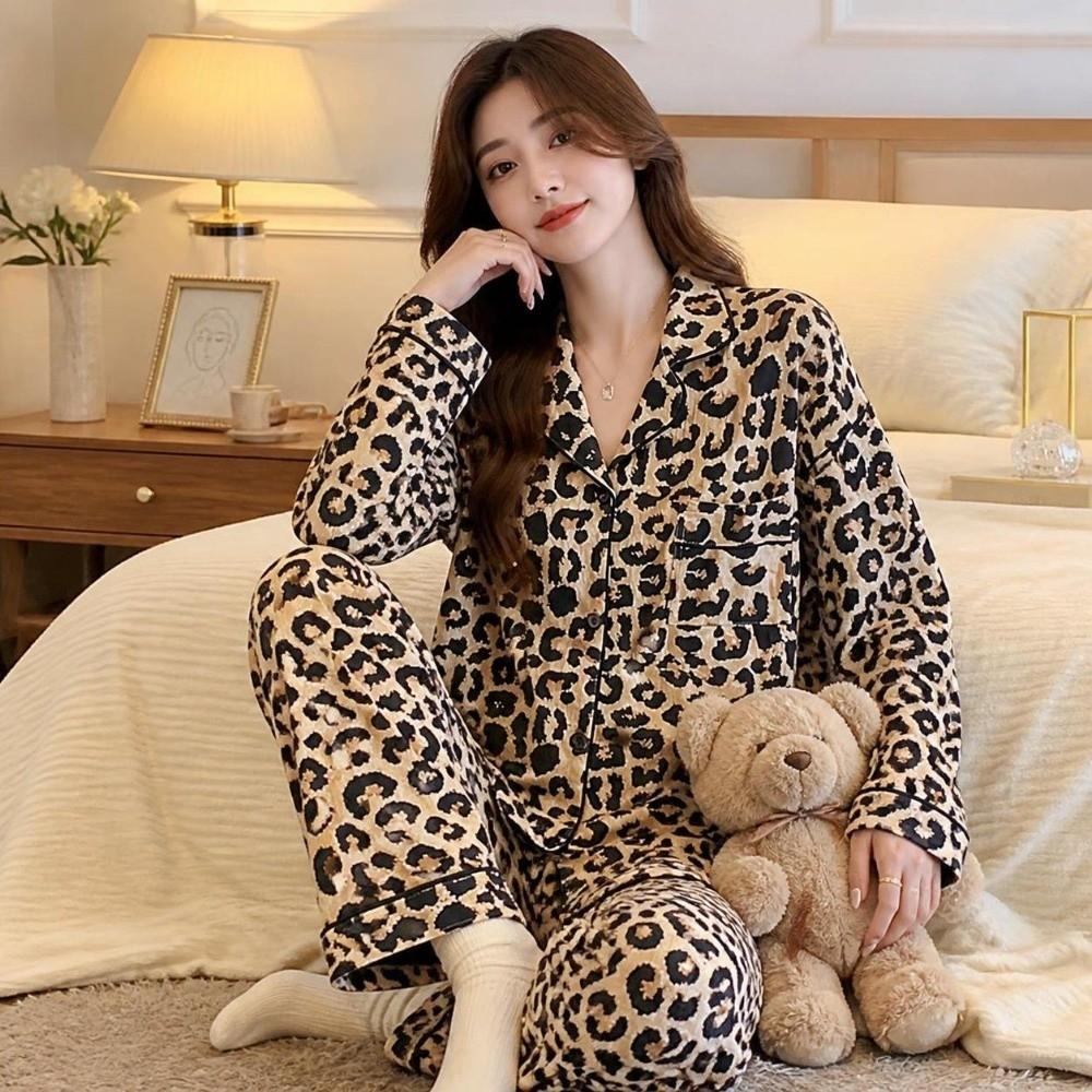Bow Long Pajama Set Bear Lady Nightwear Suit Comfortable Women's Loungewear  Female