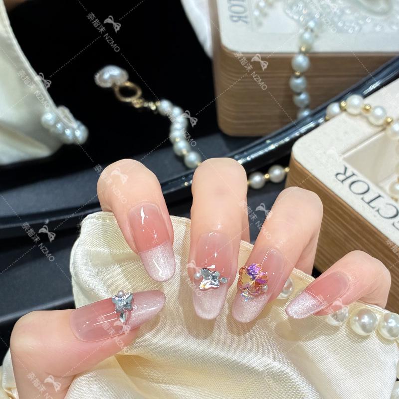 French Rhinestone Whitening Handmade Wearable Nails L59 Medium (Oval)