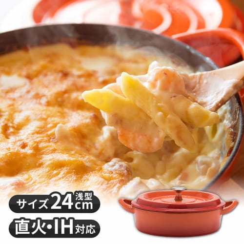 GoodPlus+ Cast Pot, 24cm Shallow, Orange, Cast Iron Enamel Pot with Waterless Cooking, Steam Circulation, Enameled Exterior and Special Matte Enameled