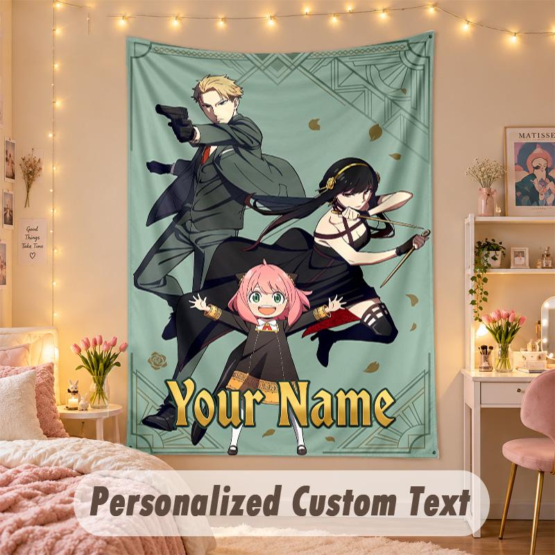 Custom Personalized Tapestry,Spy × Family Print Custom Name Text Wall Art Hanging for Bedroom