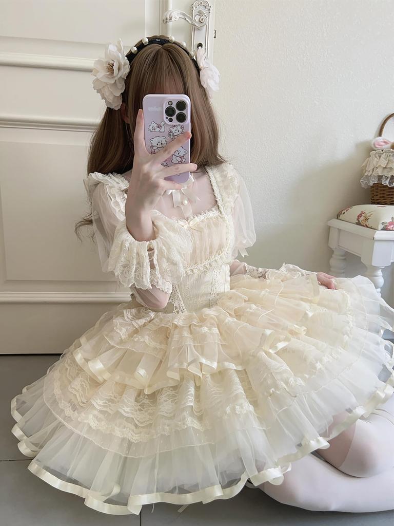 XHSUKADO Lolita JSK Jumper Skirt with Dreamy Cute Gothic Lolita Outfit with Ruffles and Mori Idol Apricot Size M Ribbon, Women's One-Piece Dress,