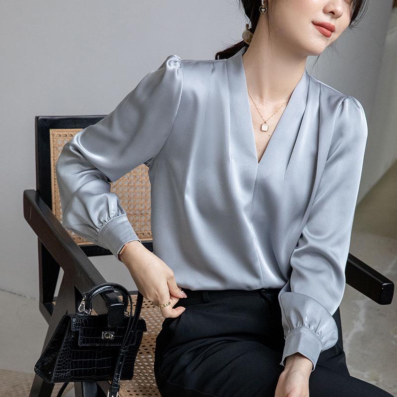 2025 Spring V-Neck Satin Long-Sleeve Korean Style Women's Top
