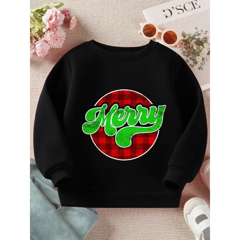 Kids Sweatshirt Soft Red & Green Plaid Christmas Sweater-Style Pullover - Cozy Loose-Fit Long Sleeve Crewneck Sweatshirt with Merry Lettering