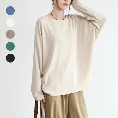 New Women's T-shirts for Early Autumn, Loose Solid Color Round Neck, Shoulder-fall Lazy Casual Long-sleeved Top
