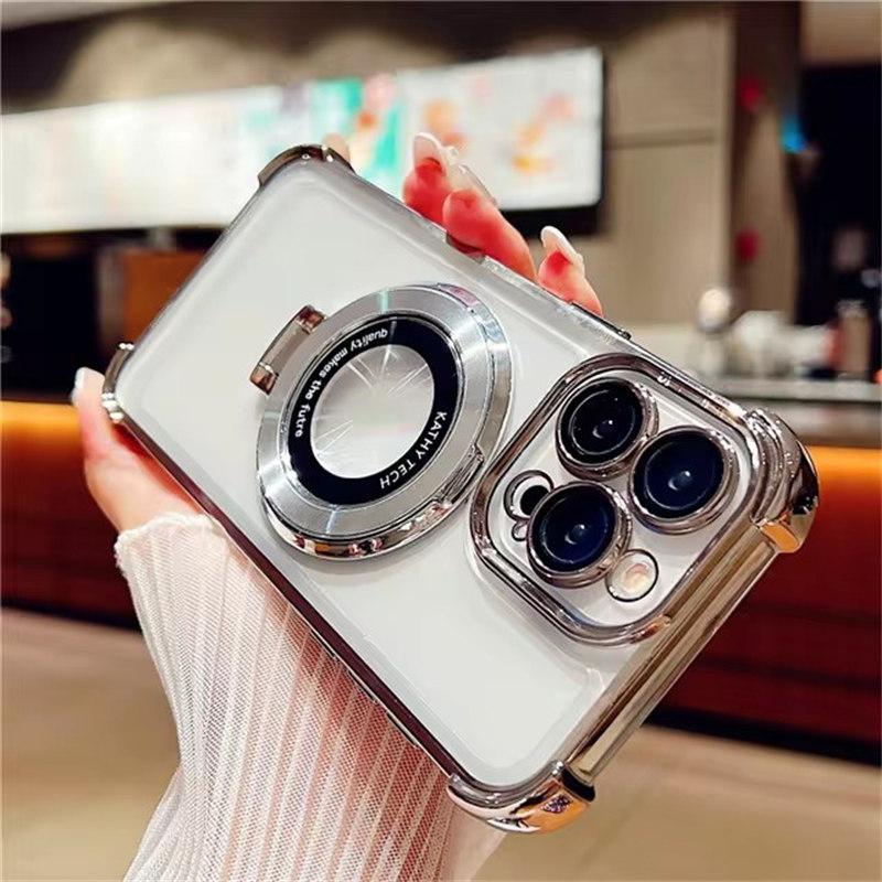 Luxury Plating Magsafe Magnetic Holder Stand Clean Phone Case For iPhone 11 12 13 14 15 Pro Max Bumper Protector On 15Plus Cover