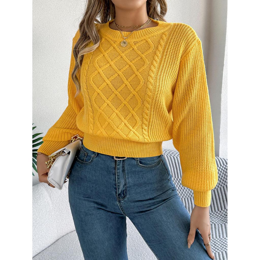 Women's Solid Color Round Neck Lantern Long Sleeve Knitted Sweaters Autumn Winter Clothes