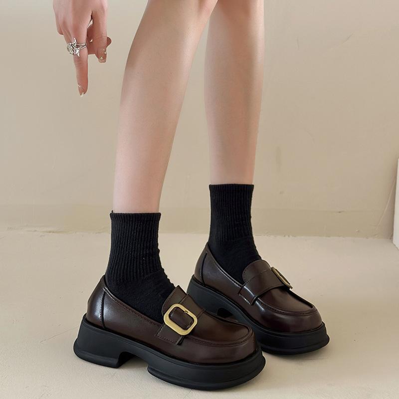 Round head British style brown platform small leather shoes women's 2025 new autumn versatile skirt thick heel loafer single shoes