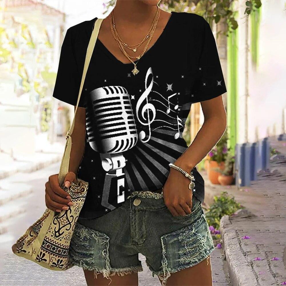 Music Notes 3d Printing Women's Casual Fashion Street Short-sleeved V-neck T-shirt