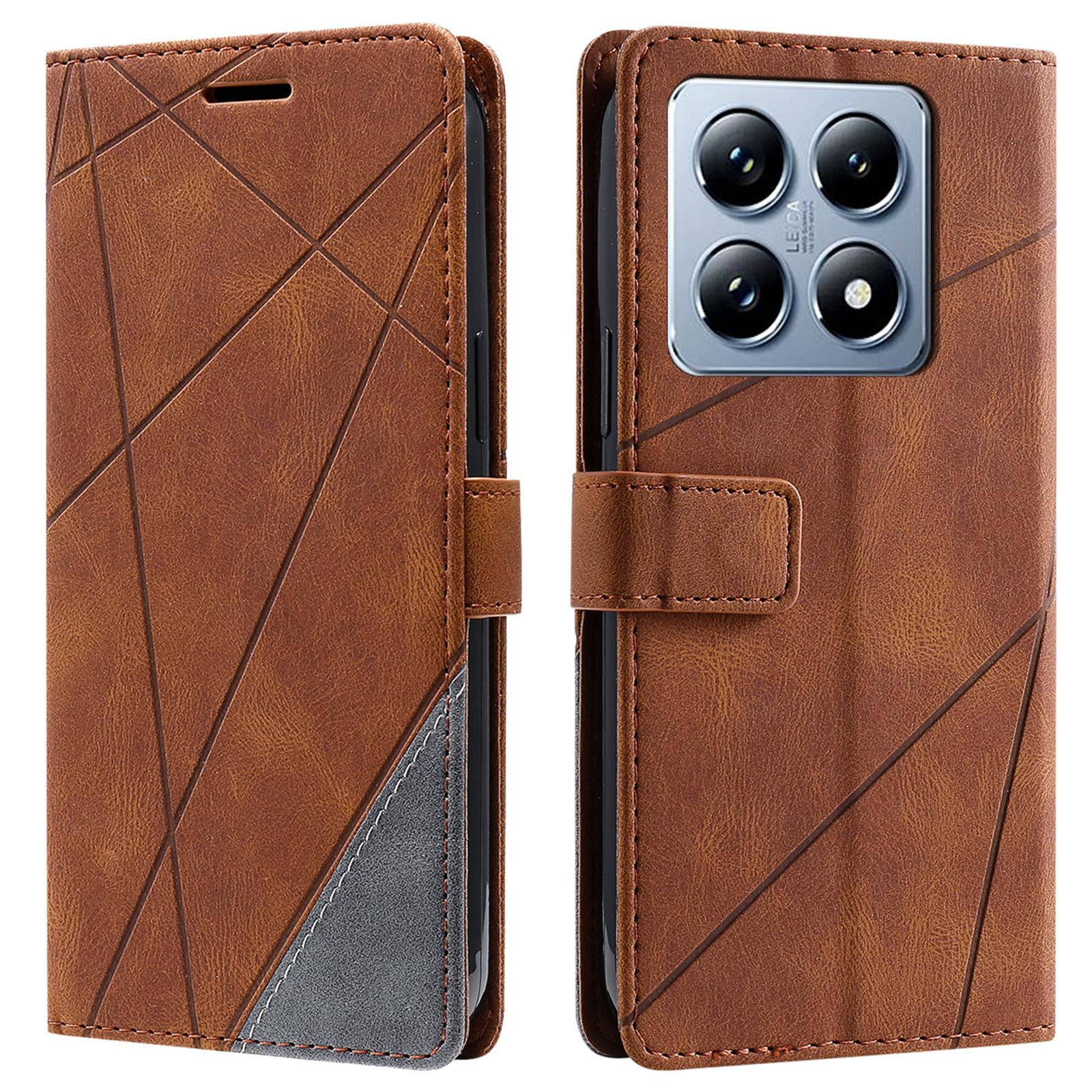 

For Xiaomi 14T Case Imprinted Lines PU Leather Splicing Wallet Phone Cover Brown