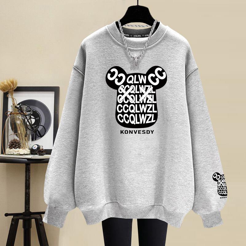 Cartoon pure cotton crew neck sweater women's 2025 autumn and winter velvet thickened casual fashion lazy wind loose large size women's clothing