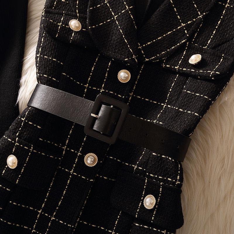 Vintage Mid Length Plaid Tweed Vest Jacket Women's 2-Pack Button Belt Vest and Knit Sweater