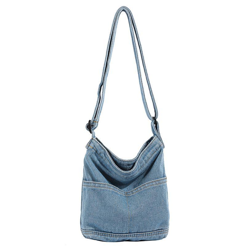 

Retro Denim Shoulder Messenger Bag for Women Easiest for Match Japanese Style Work Clothing Zipper Phone Bag Small Bucket Light blue
