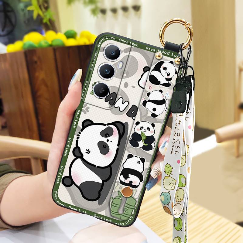 Wrist Strap Ring Phone Case For Realme C65 Waterproof Phone Holder Cute Protective Silicone Back Cover Panda Soft case
