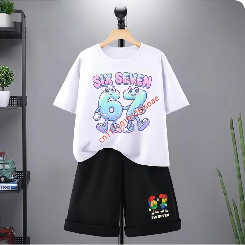 67 Çocuk Tişört 3-12 Yaş Yaz Altı Yedi Baskılı Kısa Kollu Sevimli Komik Moda Erkek Kız Bebek Üst+Şort 2 Parça Günlük Set