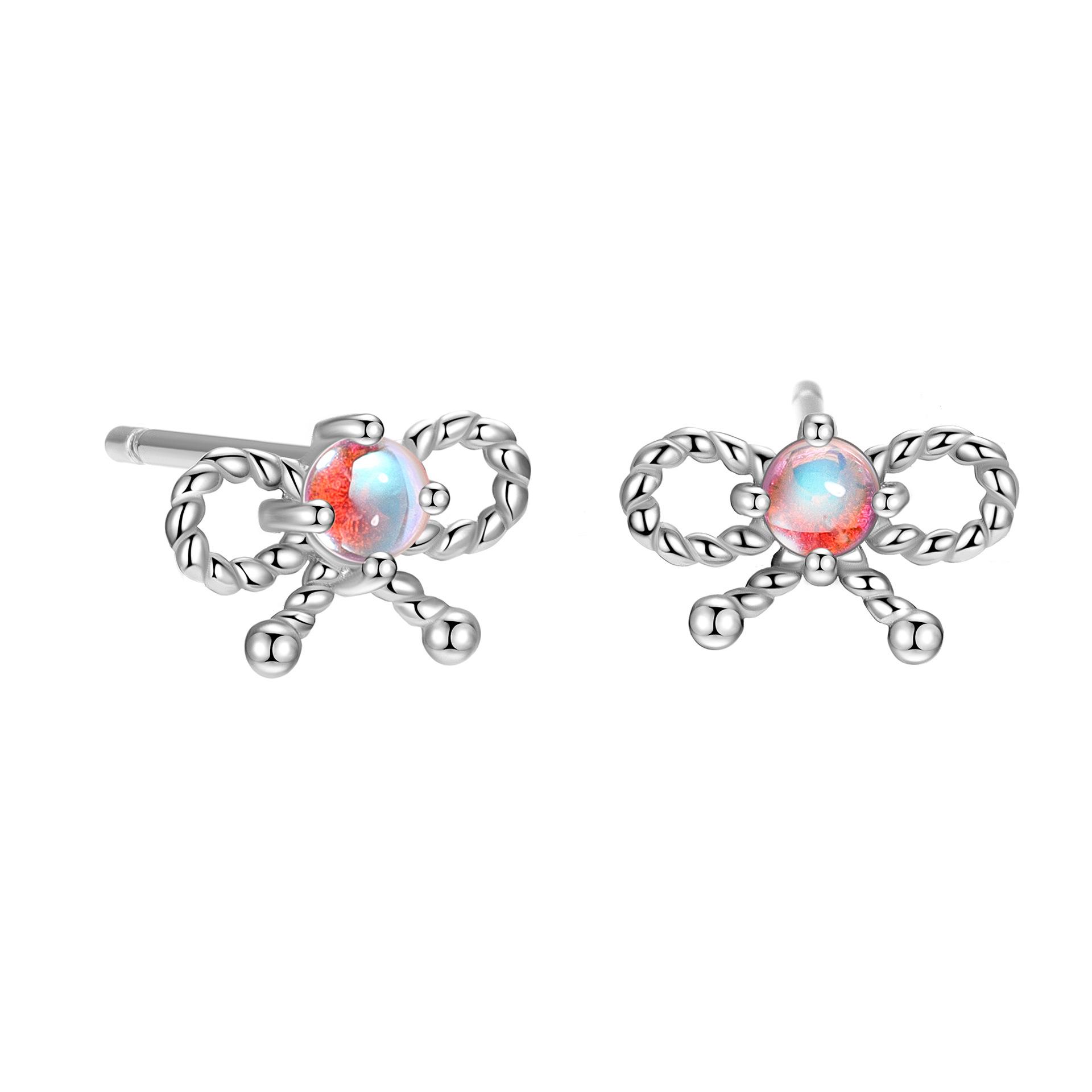S925 Sterling Silver Twists Bow Earrings for Women Simple Fashion Luxury Imitation Opal Earrings серебряный