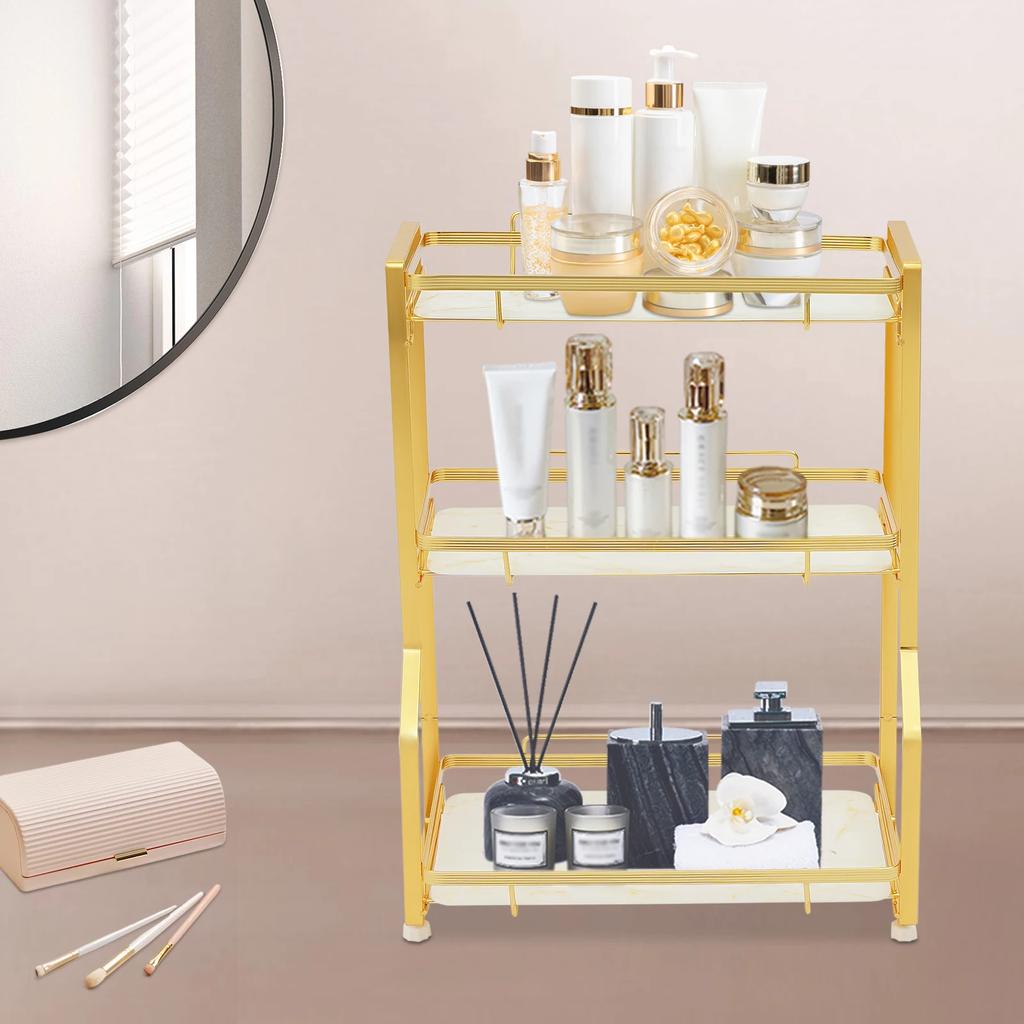 Organizzatore da Bancone per Bagno a 3 Livelli, Organizer da Bancone Dorato per Mobiletto del Bagno con Piccolo Cestino Contenitore per Prodotti di Skincare, Trucco, Profumi