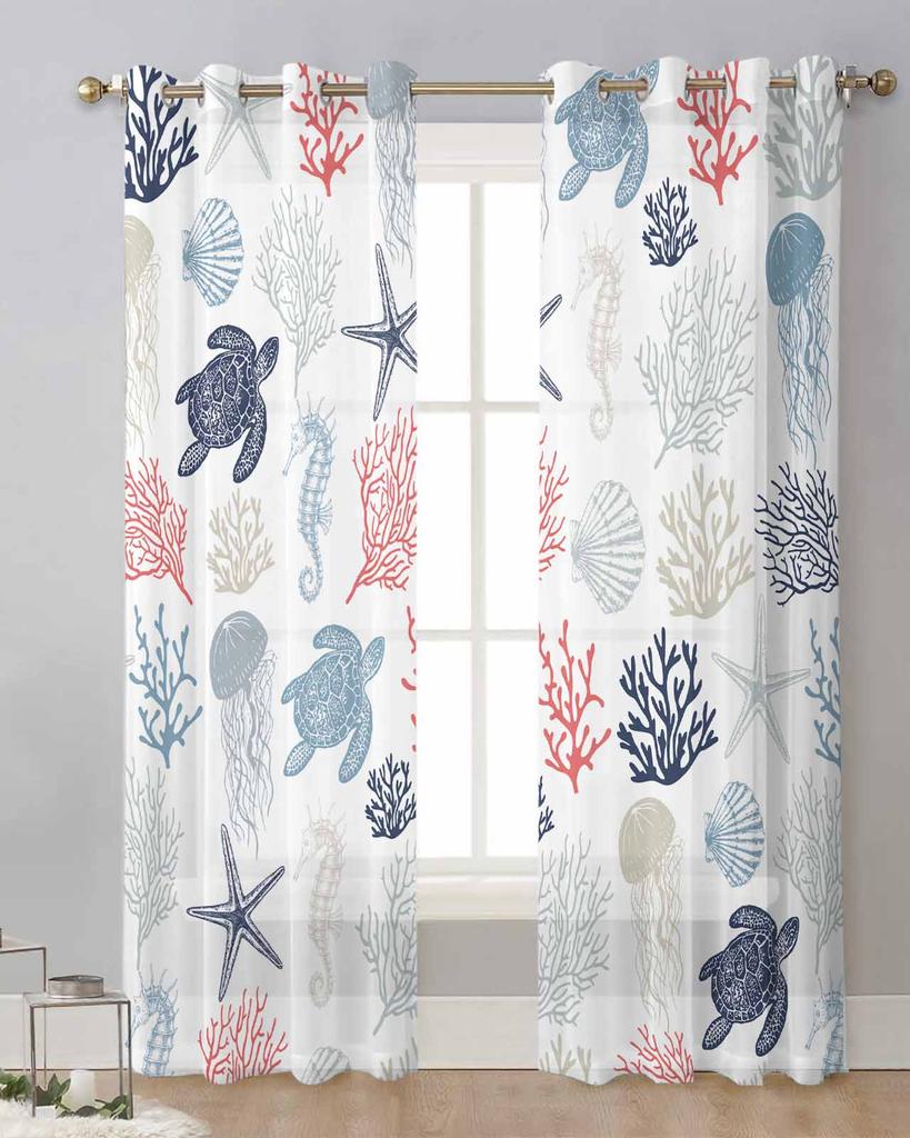 Sea Turtles Starfish Jellyfish Corals Shells Seahorses Sheer Curtains Living Room Window Curtains Kitchen Tulle Voile Curtains