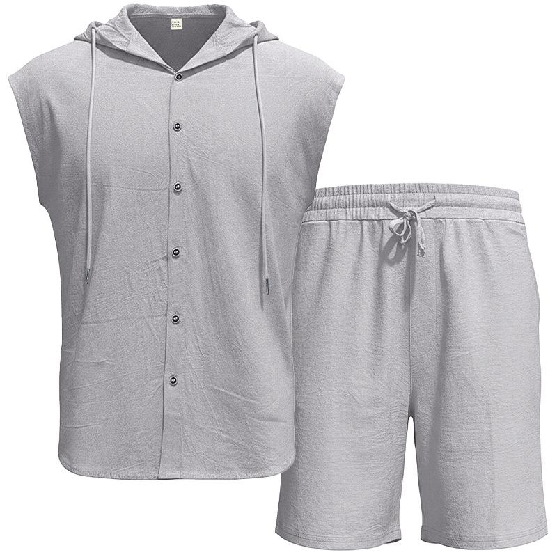 Men Shirt Shorts Two-piece Suit Hooded Sleeveless Shirt Adjustable Elastic Shorts Set Hiking Workout Summer Casual Outfit
