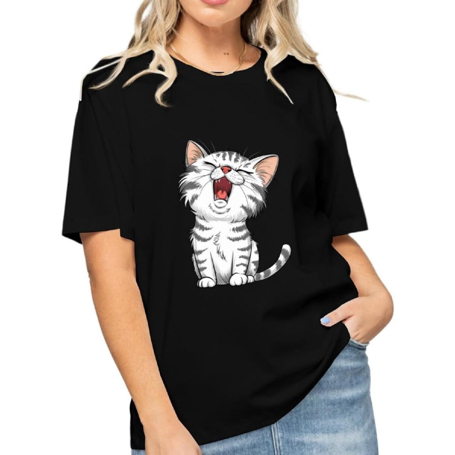 Happy American Shorthair Cat Graphic T-Shirt for Women Girls Casual Tops S