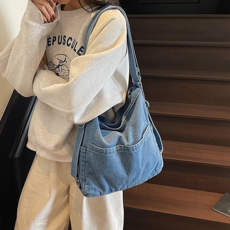 Ins Minimalistische Denim-Einschulter-Umhängetasche für Damen, Große Kapazität Retro Koreanische Version, Nischen-Canvas Lässige Pendeltasche