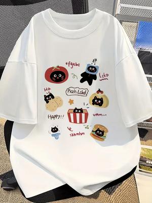 Kadın Meow Grafik Baskılı Tişört Sevimli Kedi Kesimli Kısa Kollu Yazlık Günlük Stil Yuvarlak Yaka Günlük Üstler