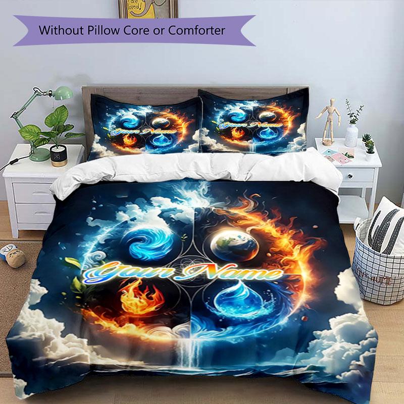 3PC Custom Name Flame Water Harmony Bedding Set Duvet Cover Closure Includes 1 Duvet Cover & 2 Pillowcases for Bedroom