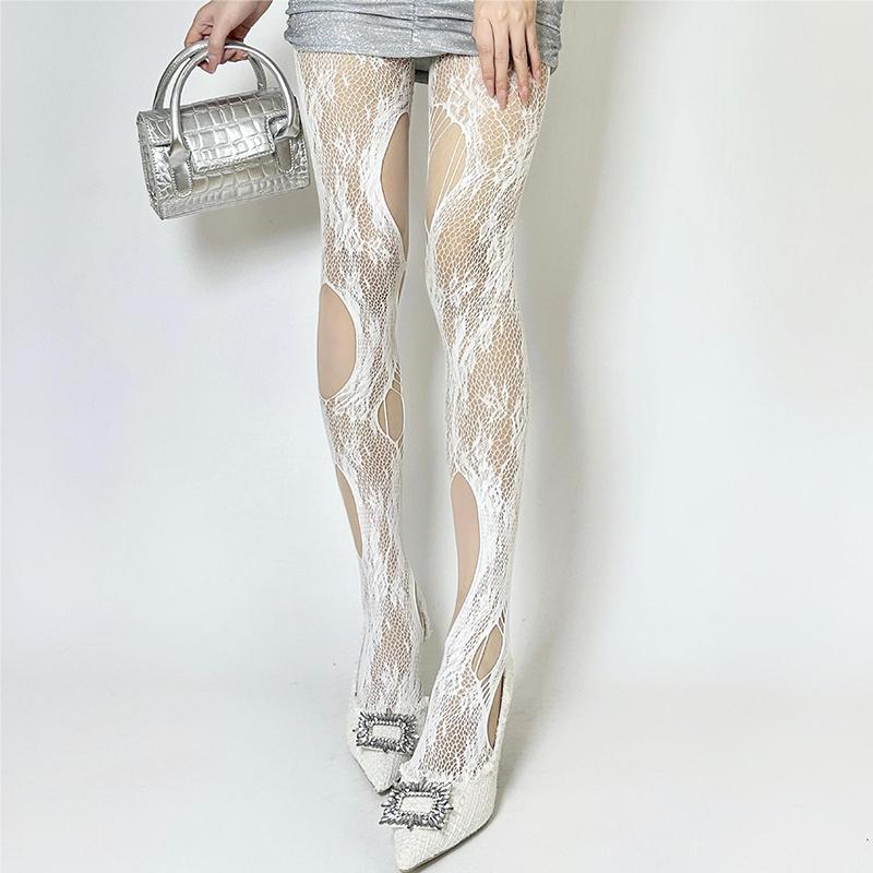 Gotische Damenstrumpfhosen Unregelmäßige Freiliegende Schwarze Strümpfe Gerissenes Netzdünne Strumpfhosen Punk Hohl Retro Lolita Netzstrümpfe One Size white