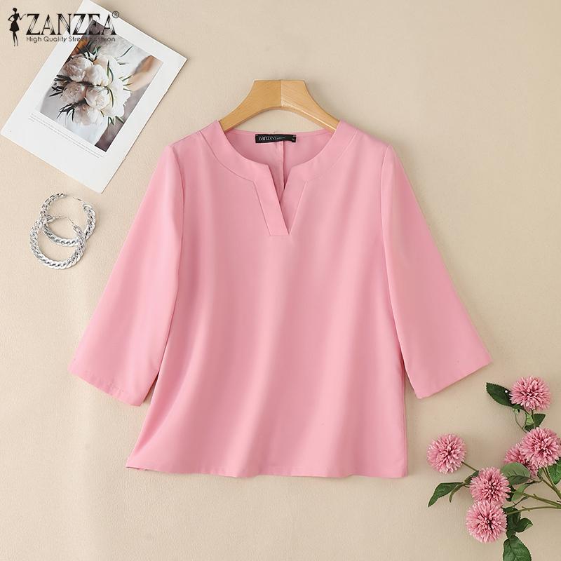 ZANZEA Women Casual V-Neck Solid Color 3/4 Sleeve Blouse